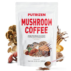 PUTRIZEN Mushroom Coffee pack shot highlights six adaptogenic mushrooms for steady energy.