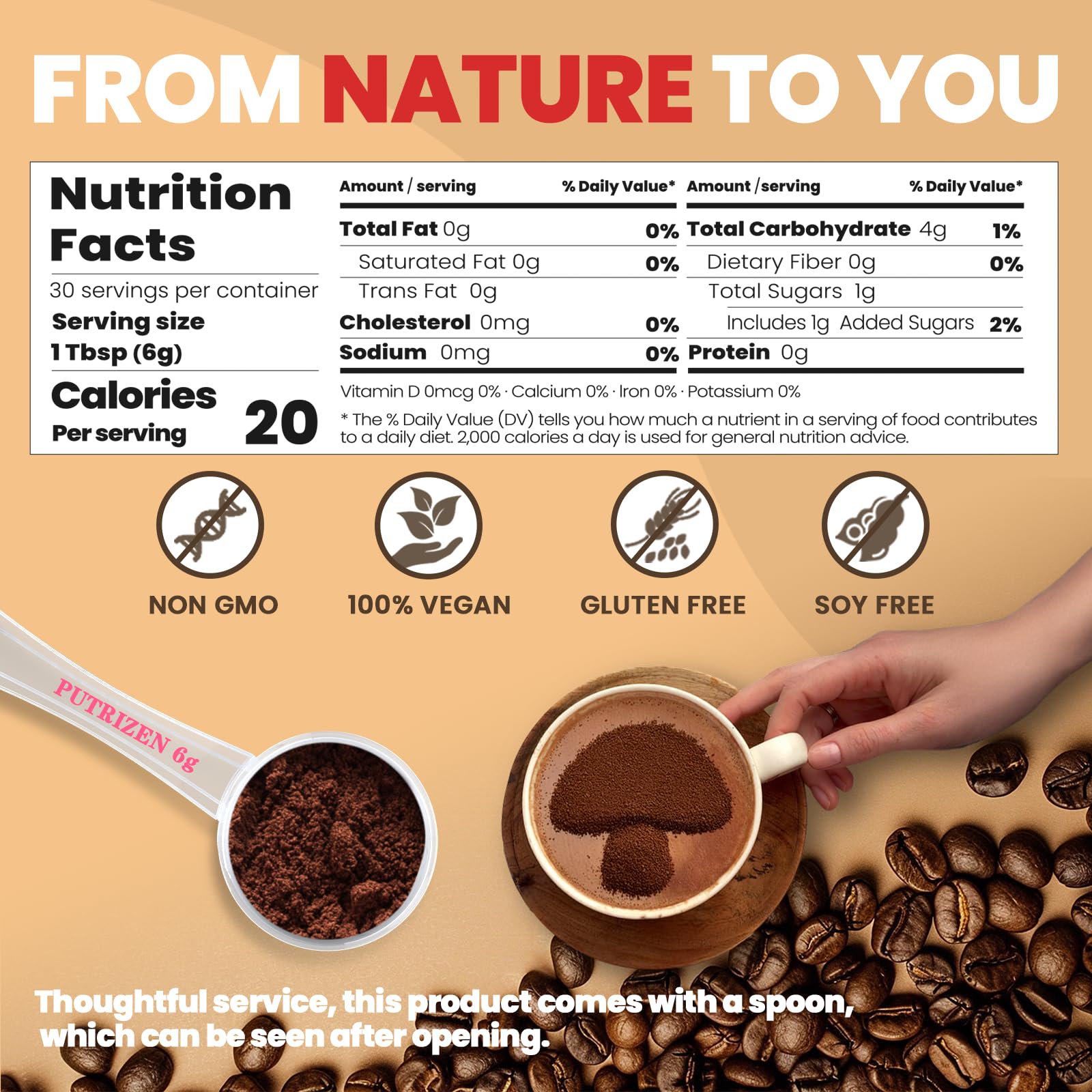 PUTRIZEN Mushroom Coffee powder in a mug for a smooth start.
