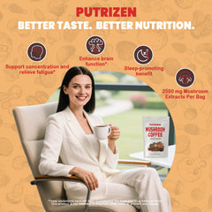 PUTRIZEN Mushroom Coffee close-up shows six mushrooms and herbal blend for focus.