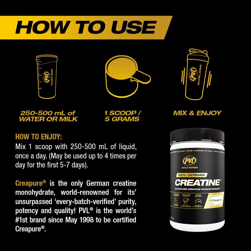 PVL Creapure Creatine label showcases vegan, kosher, and halal certifications.