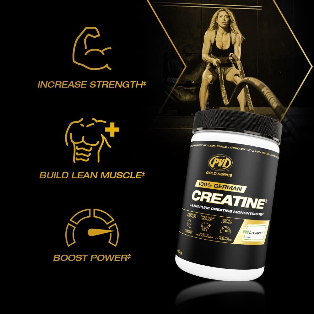 PVL Creapure Creatine powder in a glass dissolves easily for hydration-friendly intake.
