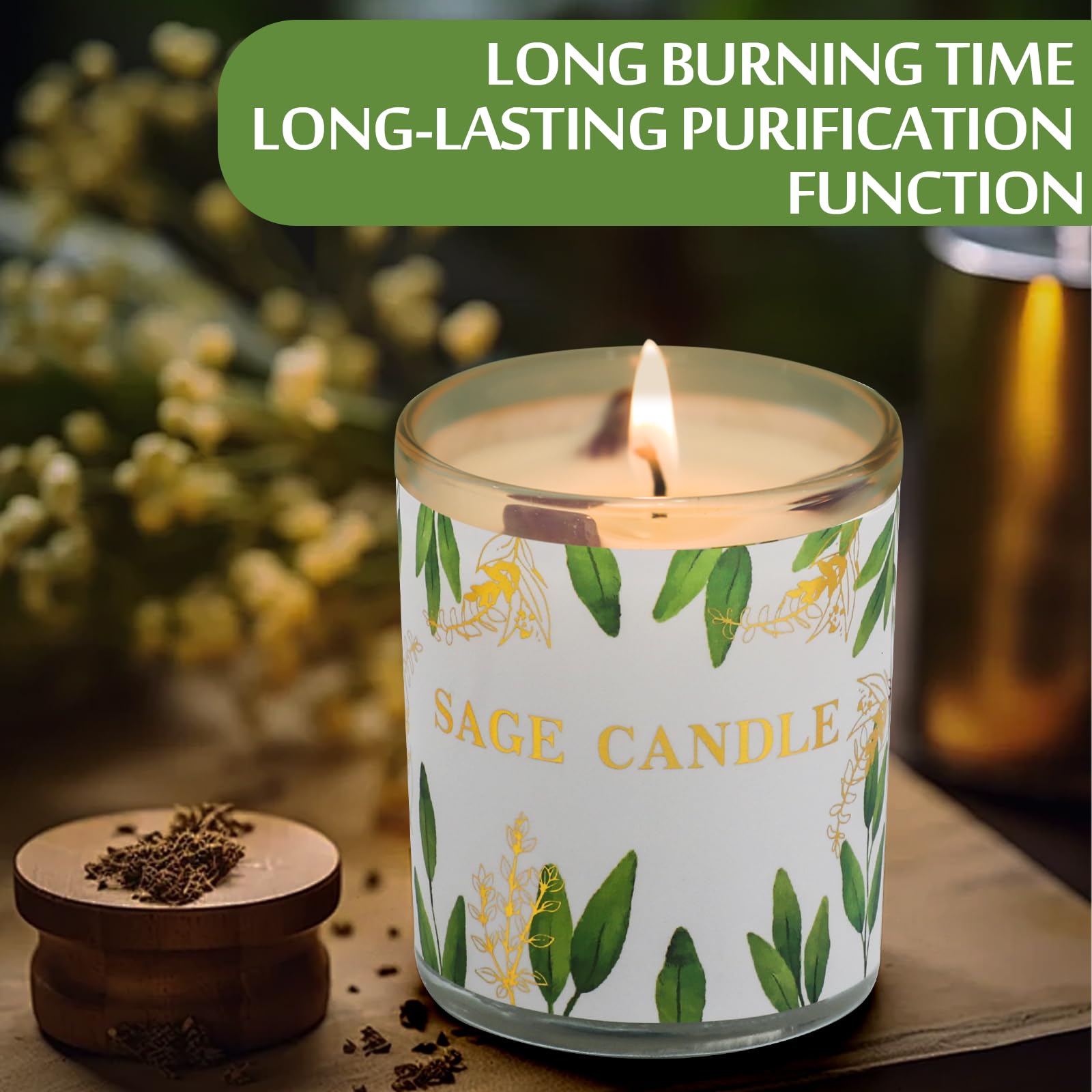 PVUELE sage candle 6-pack lit creates a warm atmosphere for meditation and focus.