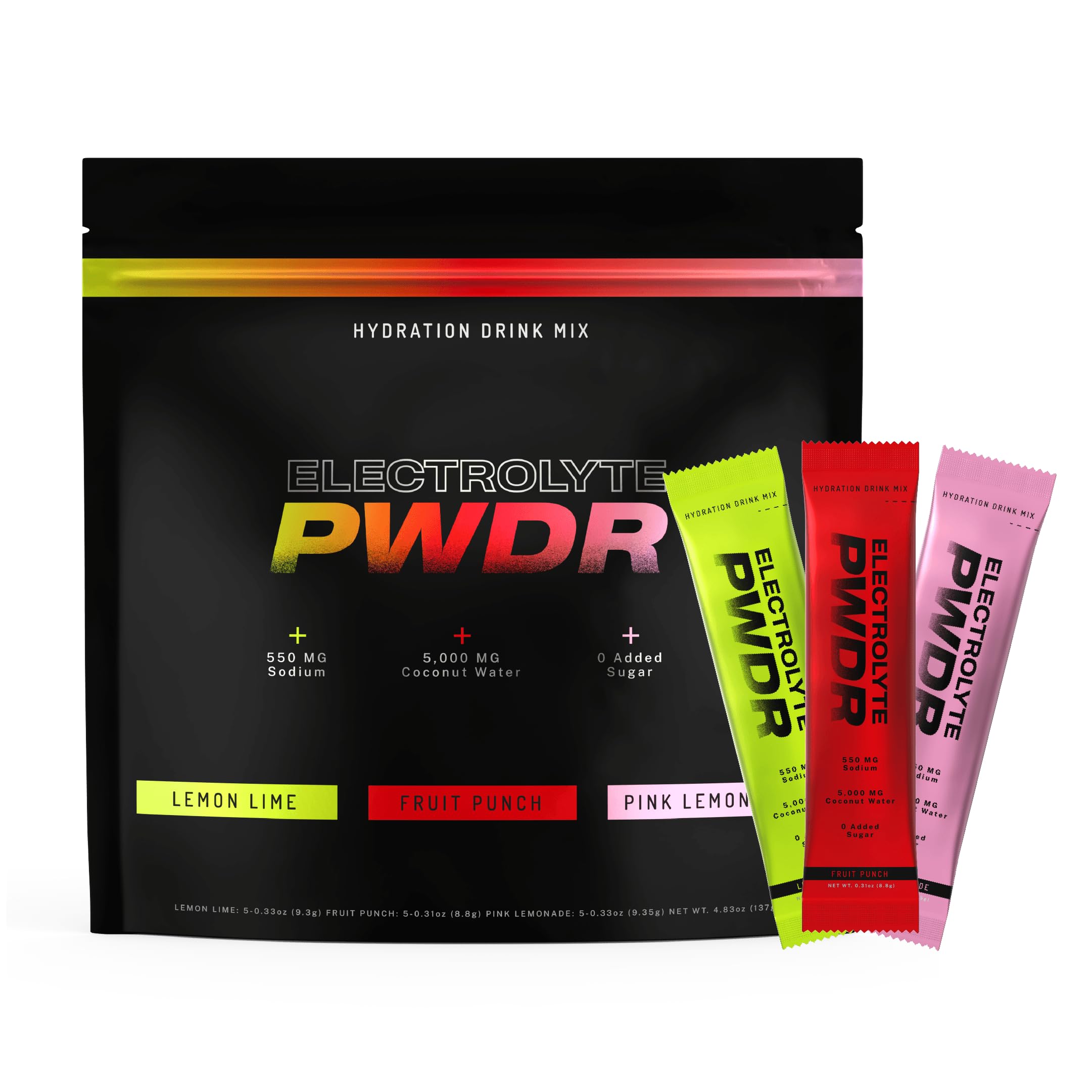 PWDRS Electrolytes front packaging for on-the-go hydration