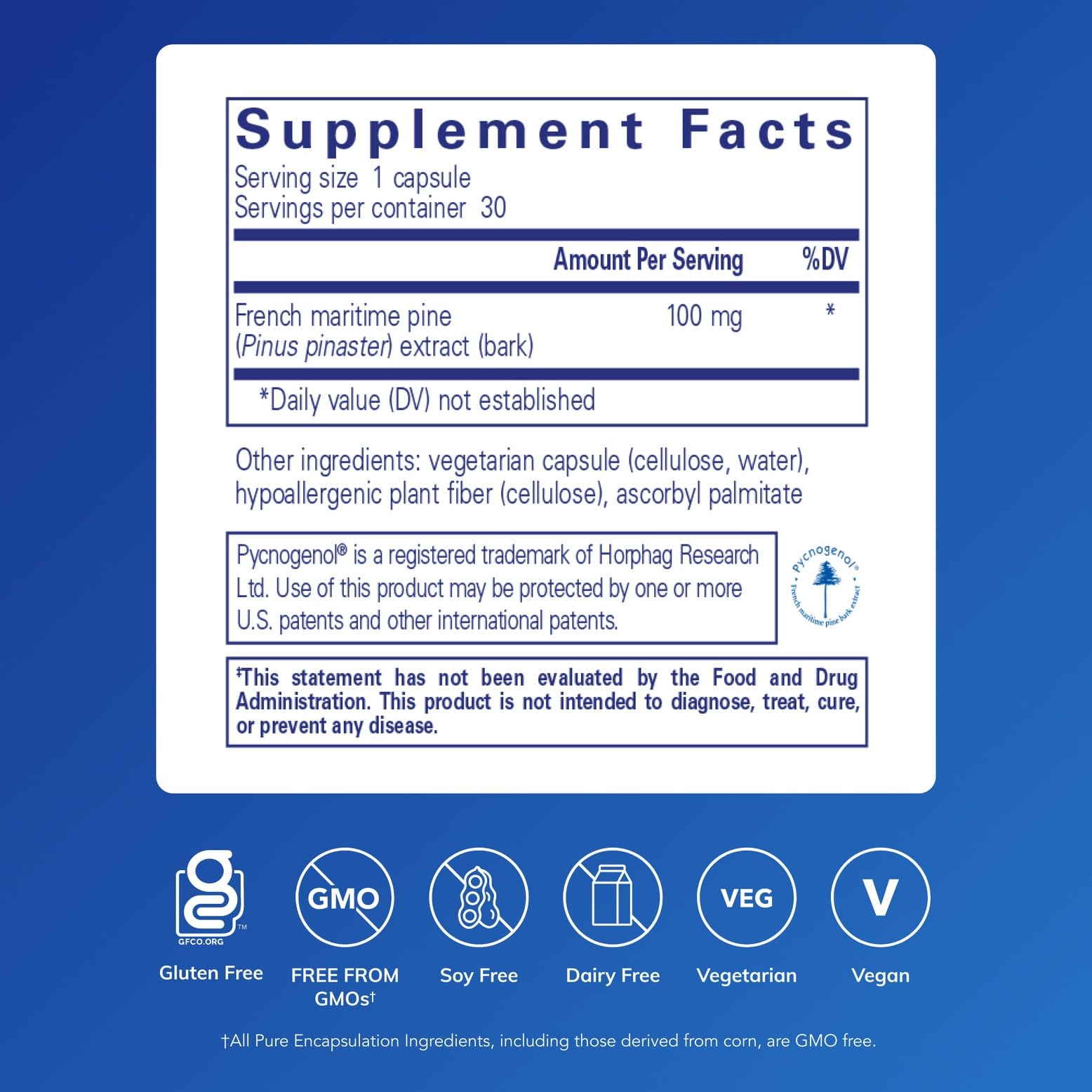 Pycnogenol 100 mg capsules close-up highlighting potential vascular support.