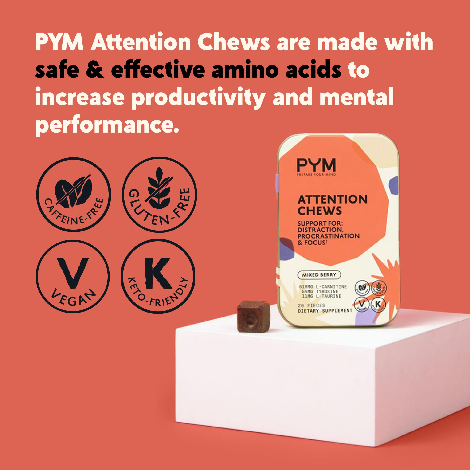 PYM Attention Chews two chews in hand for calm, focused workflow