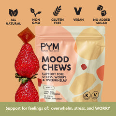 PYM Health Berry Mood Chews resealable bag shows vegan, non-GMO balance.