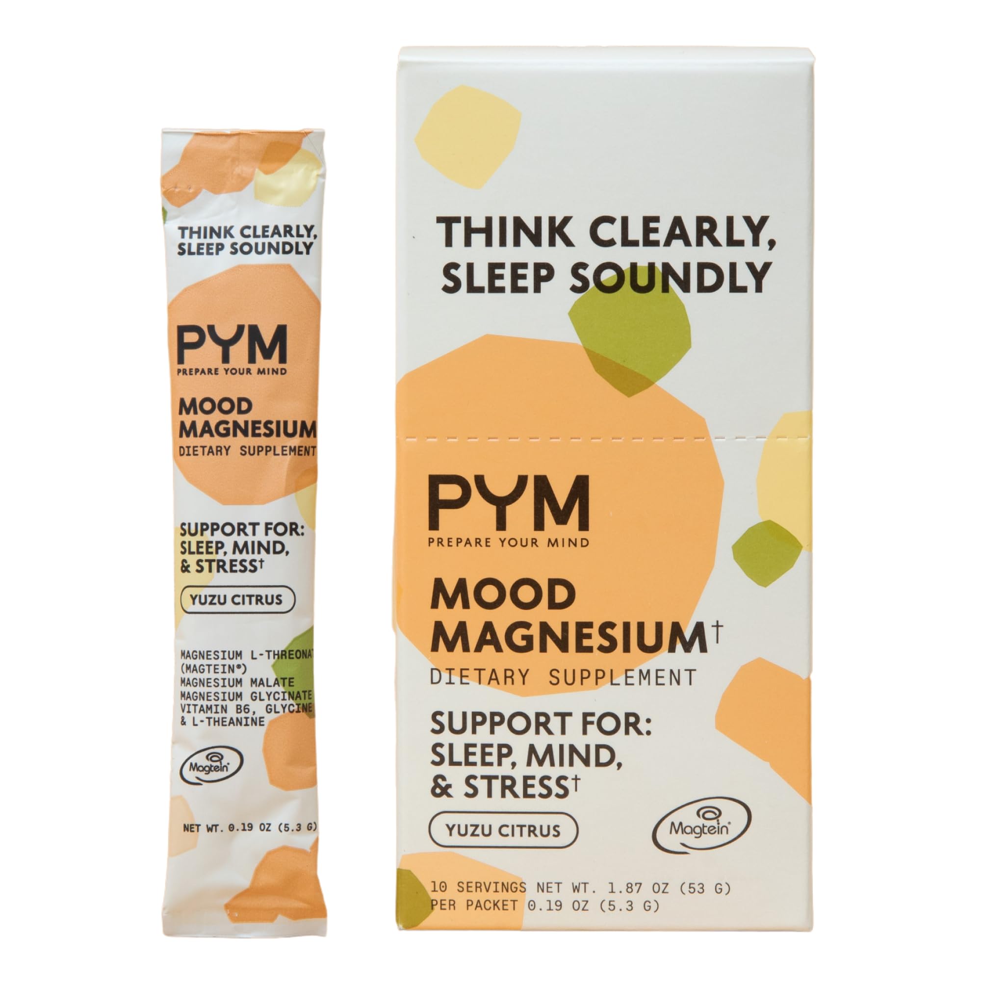 PYM Mood Magnesium packets packaging for on-the-go calm and stress management.