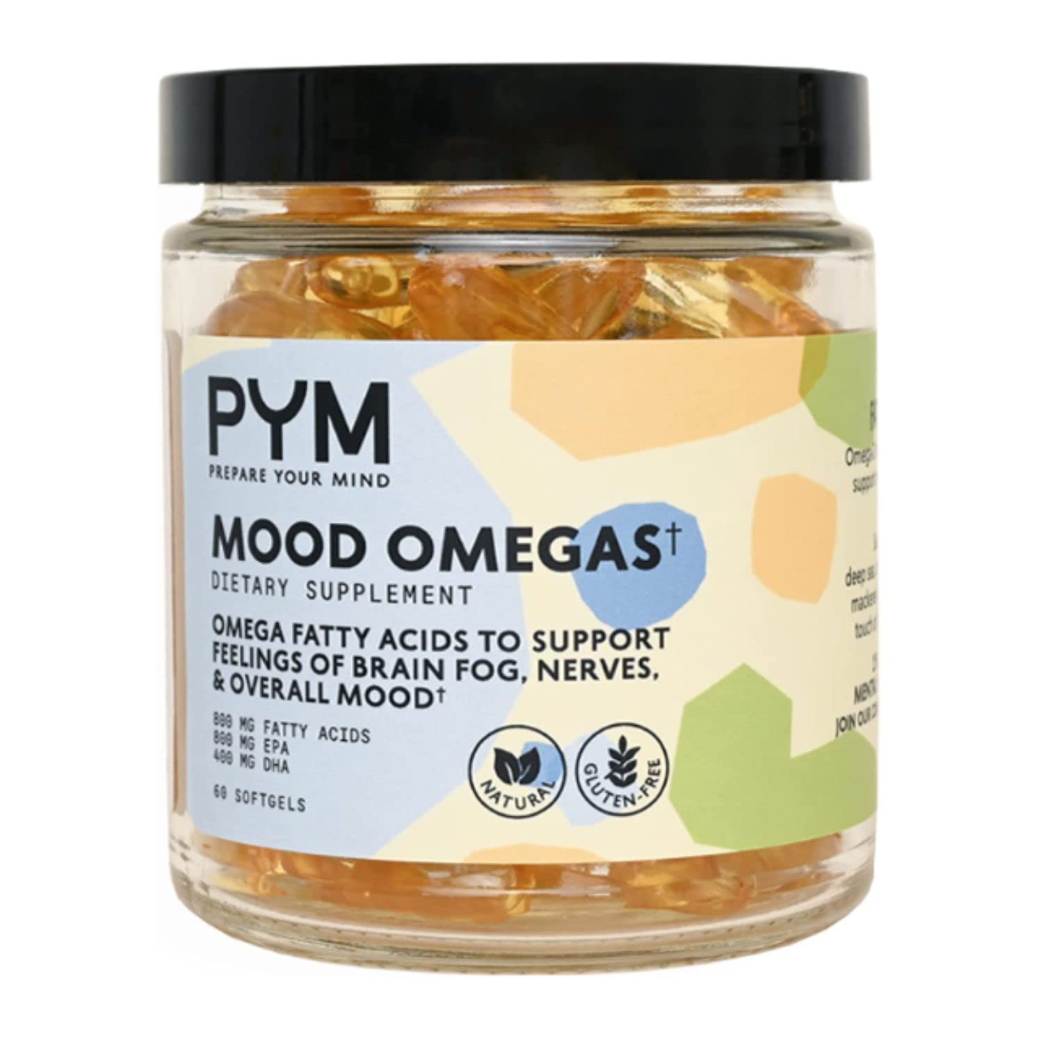 PYM Health Omega-3 mood bottle promoting calm focus during daily activities