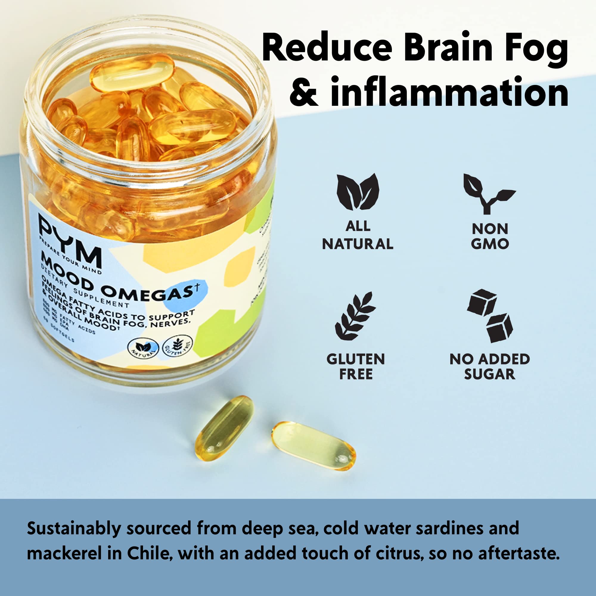 PYM Omega-3 with DHA and EPA shown for clearer thinking and daily focus