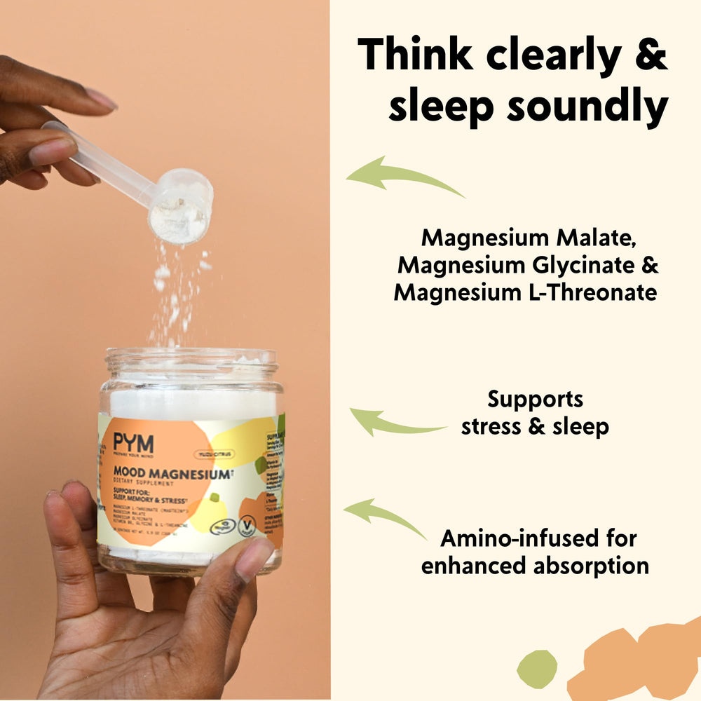 Scoop of PYM Mood magnesium powder ready for daily dosing and mood support