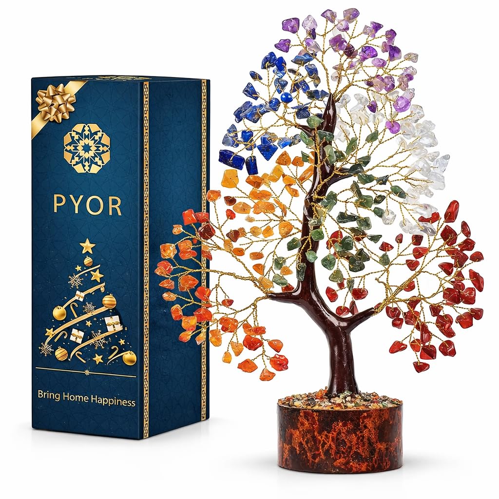 PYOR 7 Chakra Tree of Life crystal sculpture with wooden base and golden wire for mindful energy