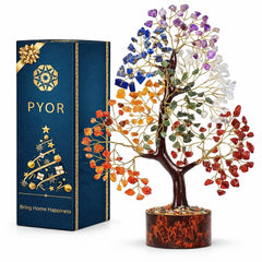 PYOR 7 Chakra Tree of Life crystal sculpture with wooden base and golden wire for mindful energy