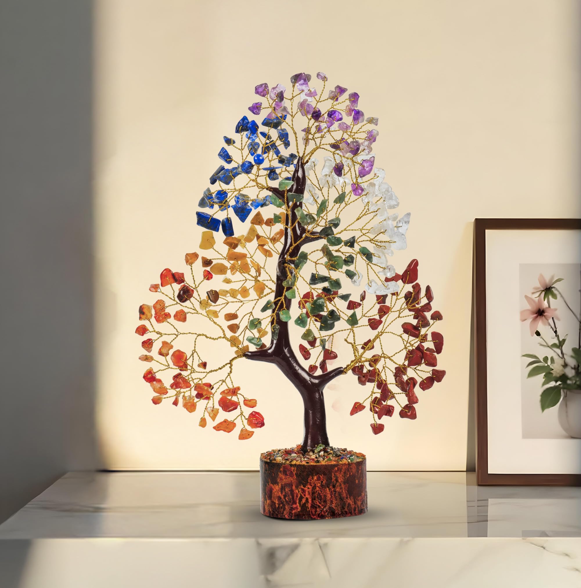 PYOR wooden base chakra tree decor with golden wire accent