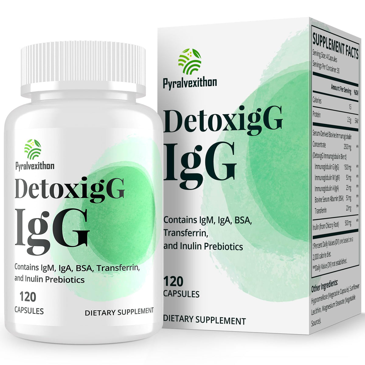 Pyralvexithon IgG immunoglobulin capsules on bottle, suggesting broad immune support potential.