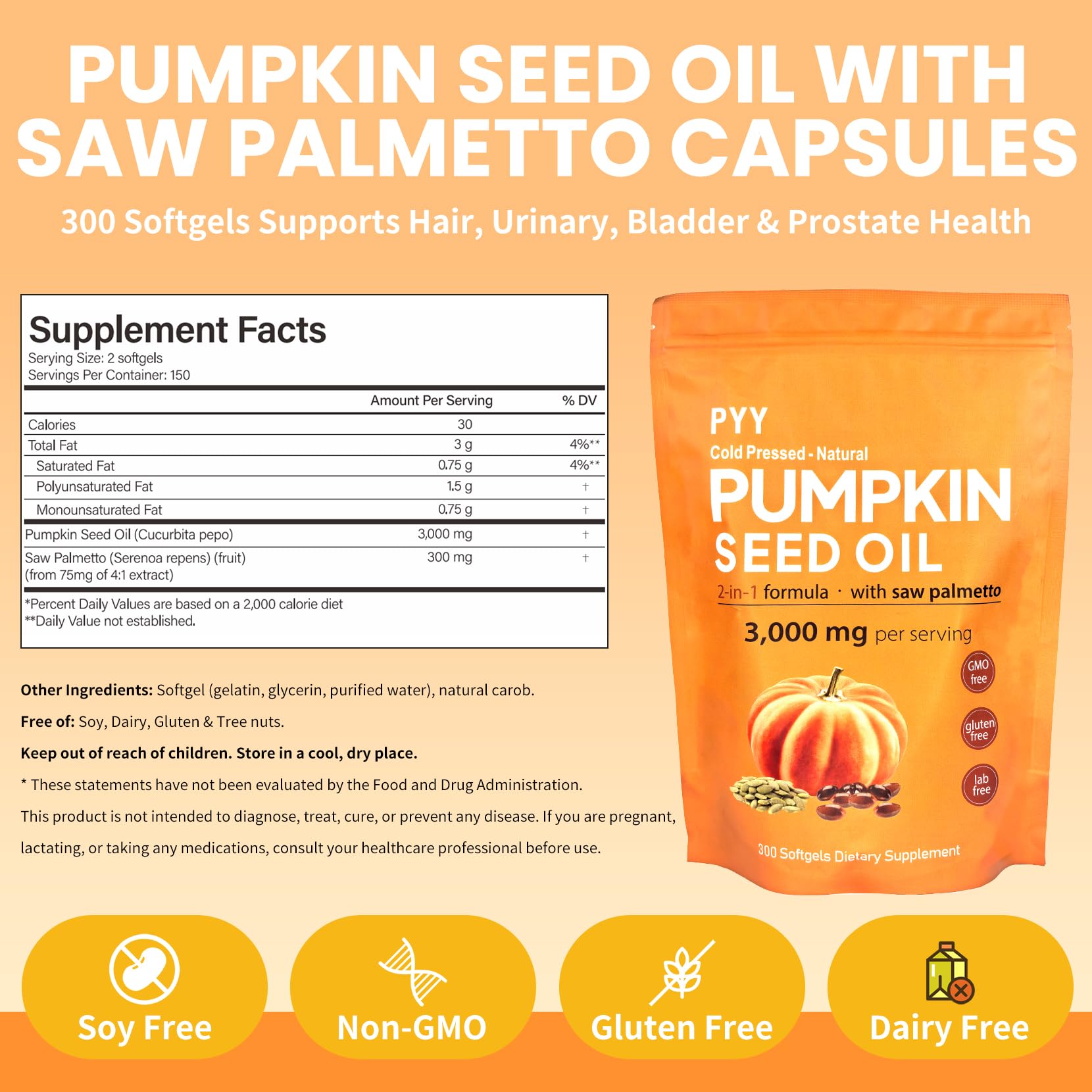 PYY 2-in-1 blend ingredients panel emphasizing pumpkin oil and saw palmetto benefits.