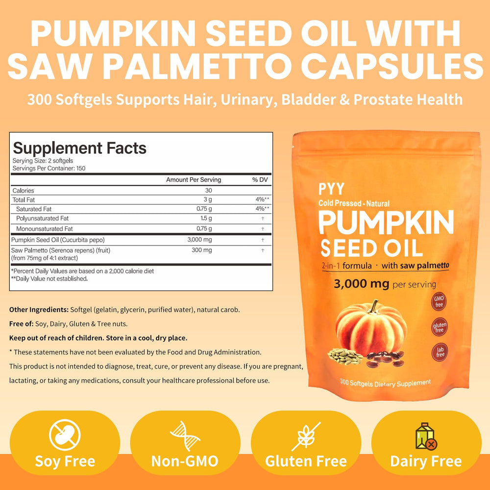 PYY 2-in-1 blend ingredients panel emphasizing pumpkin oil and saw palmetto benefits.
