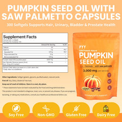 PYY 2-in-1 blend ingredients panel emphasizing pumpkin oil and saw palmetto benefits.