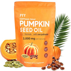 PYY cold-pressed pumpkin seed oil softgels bottle highlighting nutrient-rich oil for daily wellness.