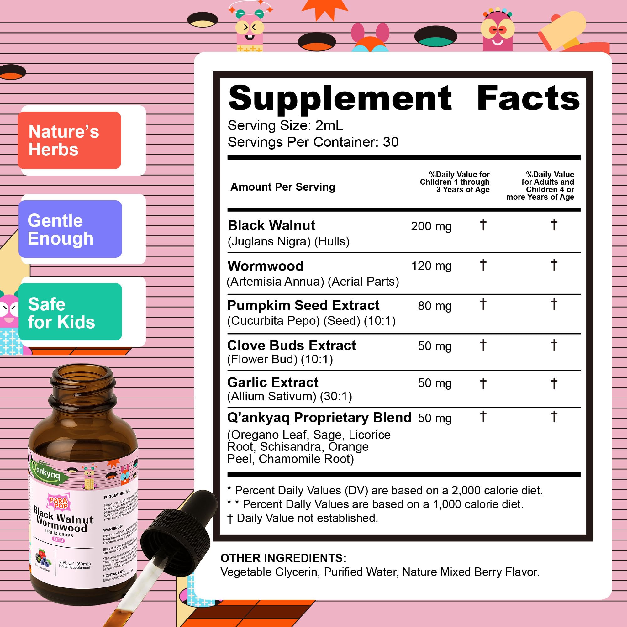 Q'ankyaq Black Walnut Wormwood Drops highlighting natural detox ingredients for kids.