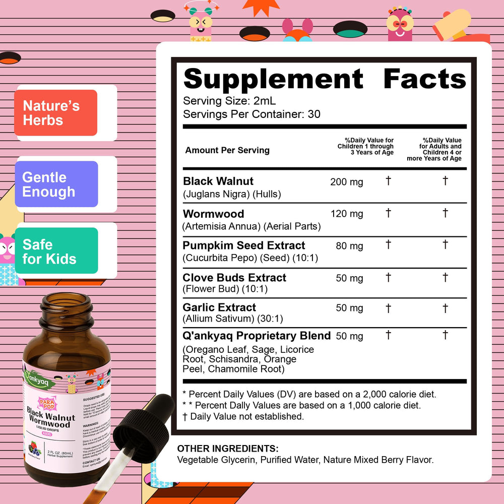 Q'ankyaq Black Walnut Wormwood Drops highlighting natural detox ingredients for kids.