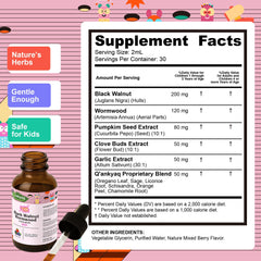 Q'ankyaq Black Walnut Wormwood Drops highlighting natural detox ingredients for kids.
