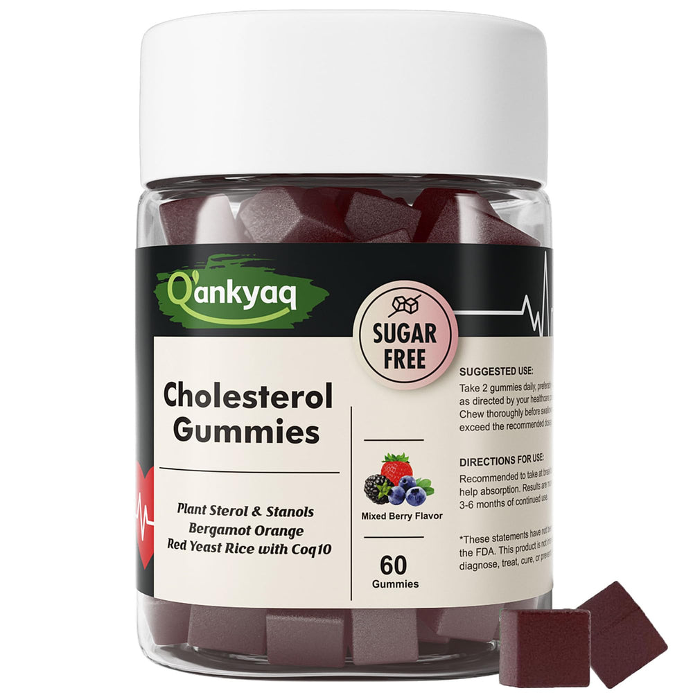 Q'ankyaq cholesterol gummies bottle highlighting plant sterols for daily heart support