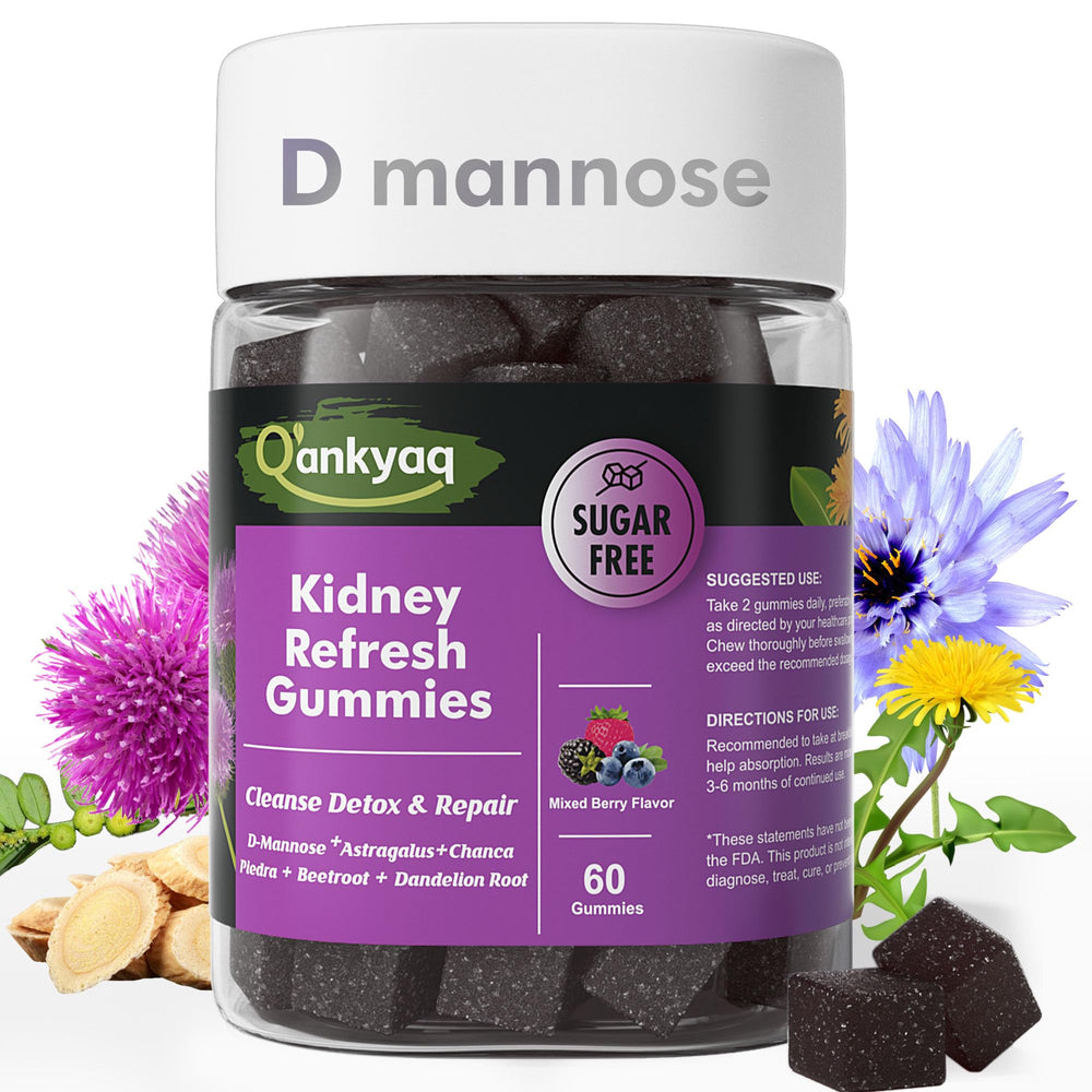 Q'ankyaq D Mannose Gummies bottle supports daily urinary health in a vegan, sugar-free format.