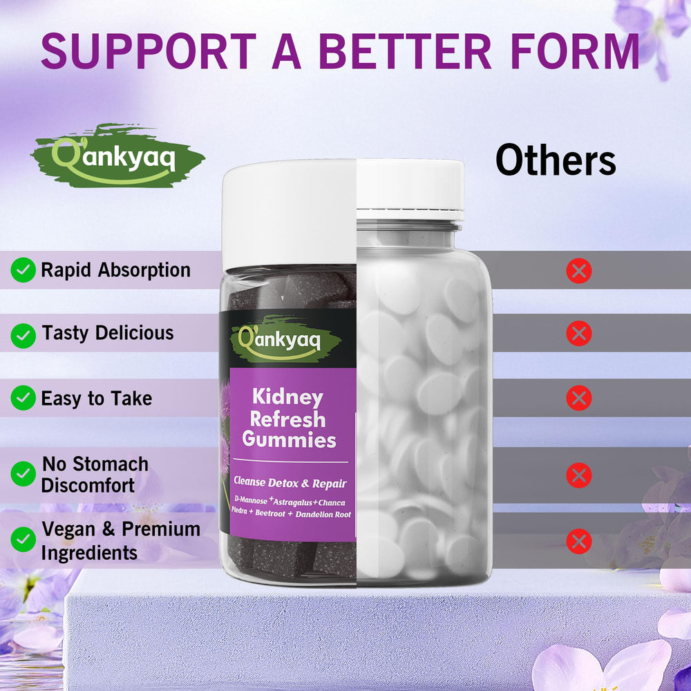 Q'ankyaq D Mannose Gummies daily-use container on shelf for routine urinary health support.