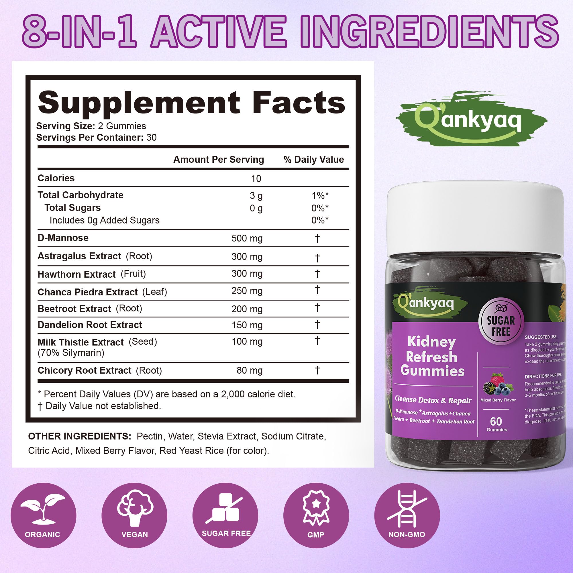 Q'ankyaq D Mannose Gummies with milk thistle for plant-based nourishment.