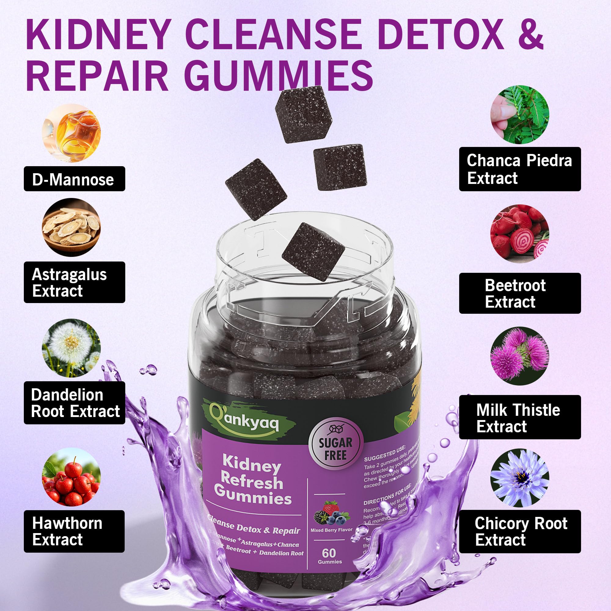 Q'ankyaq D Mannose Gummies pour bottle for on-the-go urinary health support.