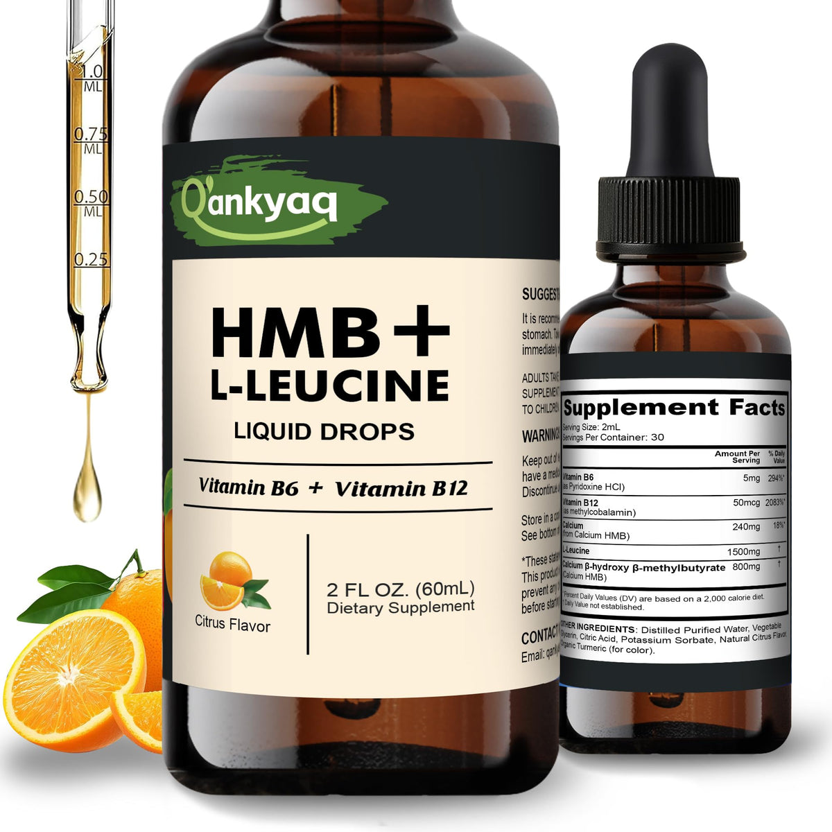 Q'ankyaq Leucine HMB liquid drops bottle for easy on the go support.