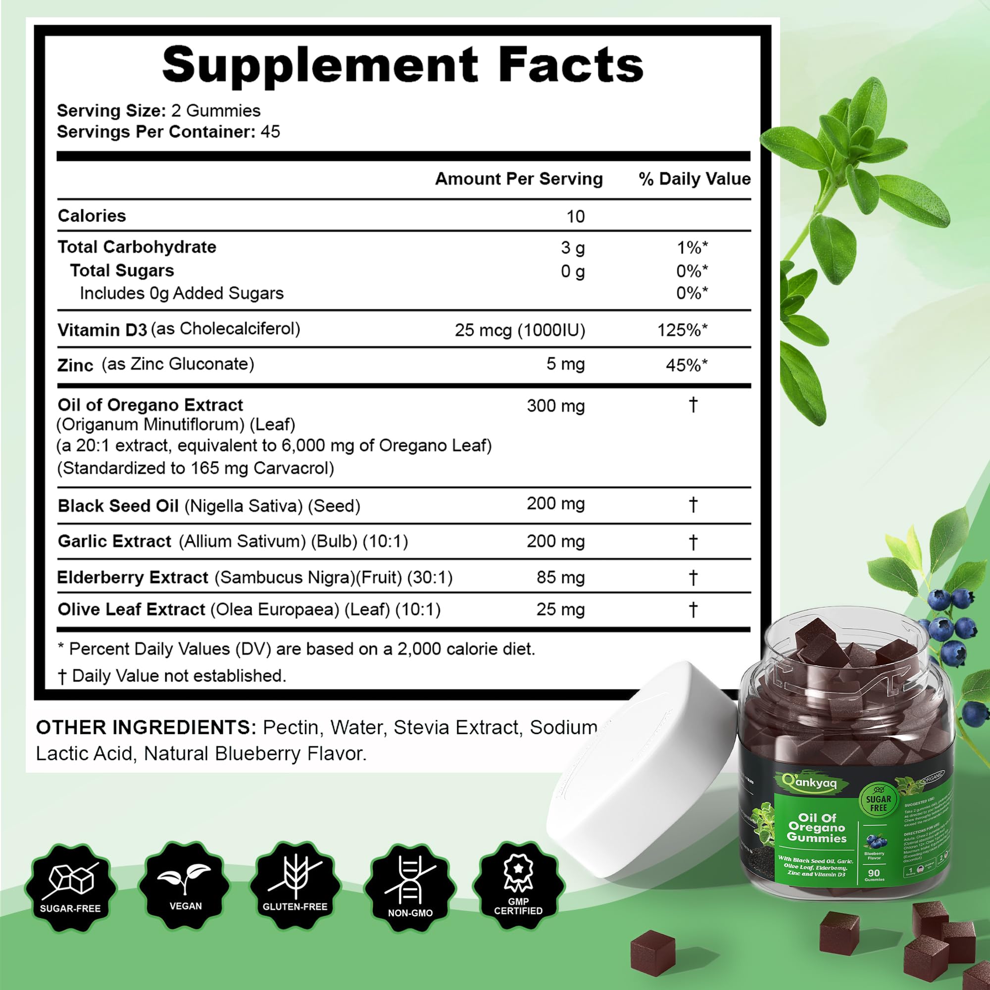 Q'ankyaq oregano oil gummies ingredients highlight oil of oregano and elderberry.