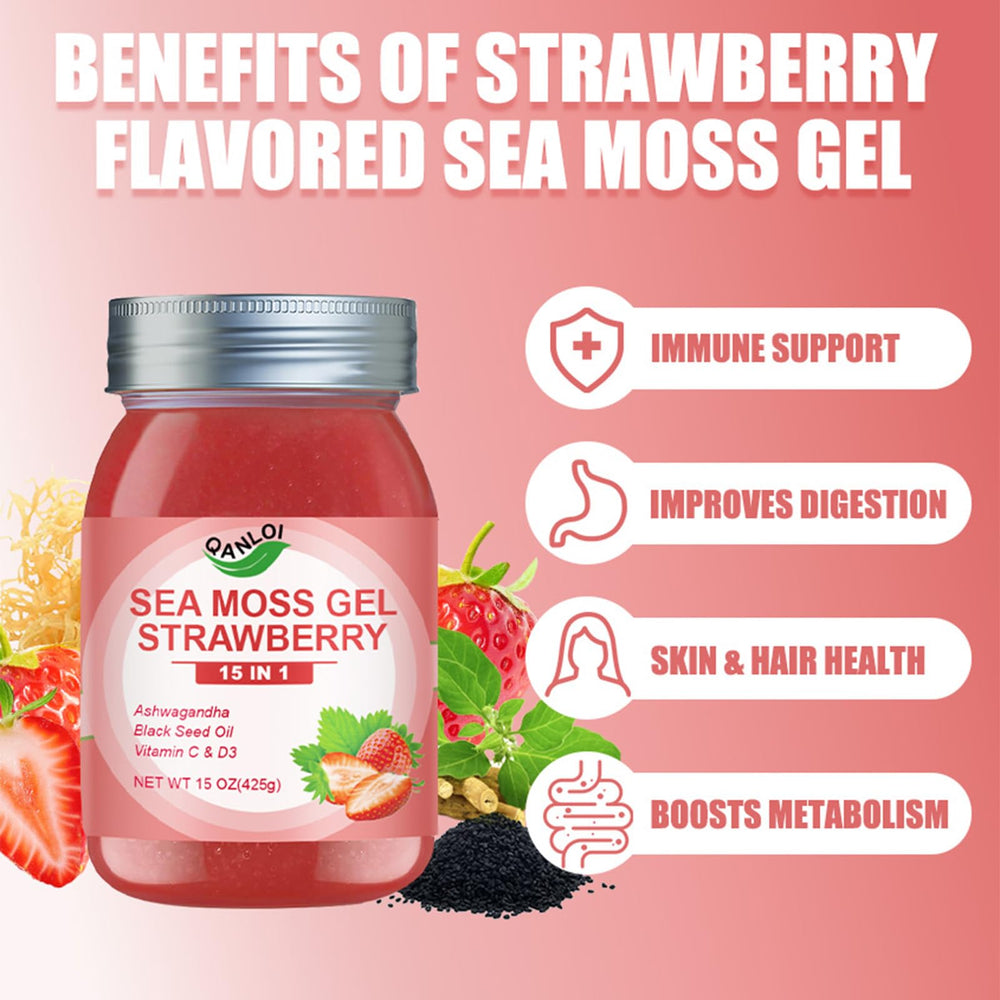 QANLOI ashwagandha sea moss bottle highlights 15-in-1 ingredients for overall wellness.