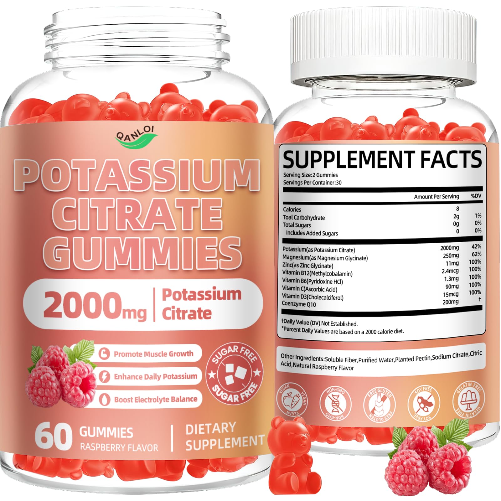 QANLOI potassium citrate gummies bottle for daily electrolyte balance and hydration.