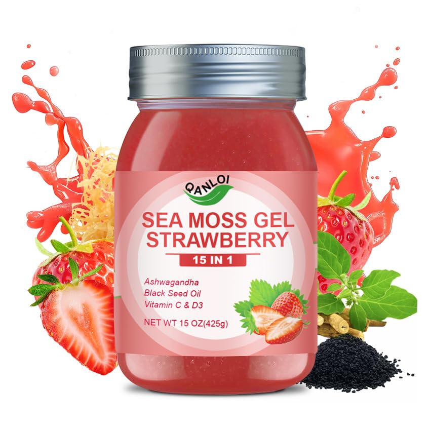 QANLOI strawberry sea moss gel jar shows a tasty daily supplement for vitality.