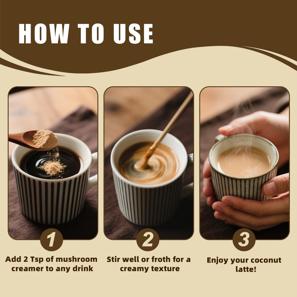 6-mushroom complex blend supports daily wellness in a creamy coffee creamer