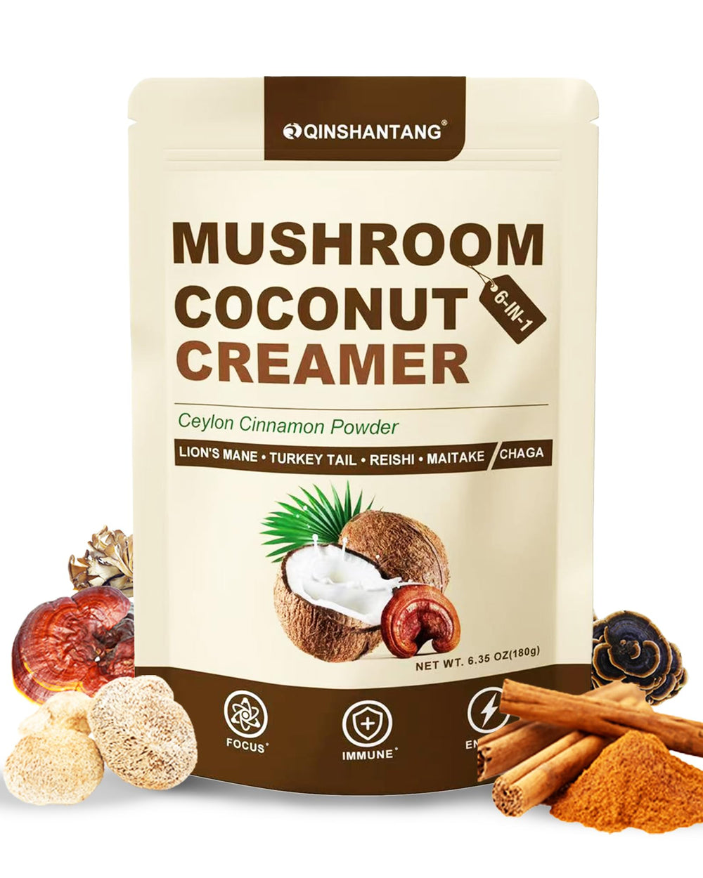 Qin Shan Tang Mushroom Creamer pours into coffee to boost flavor and focus