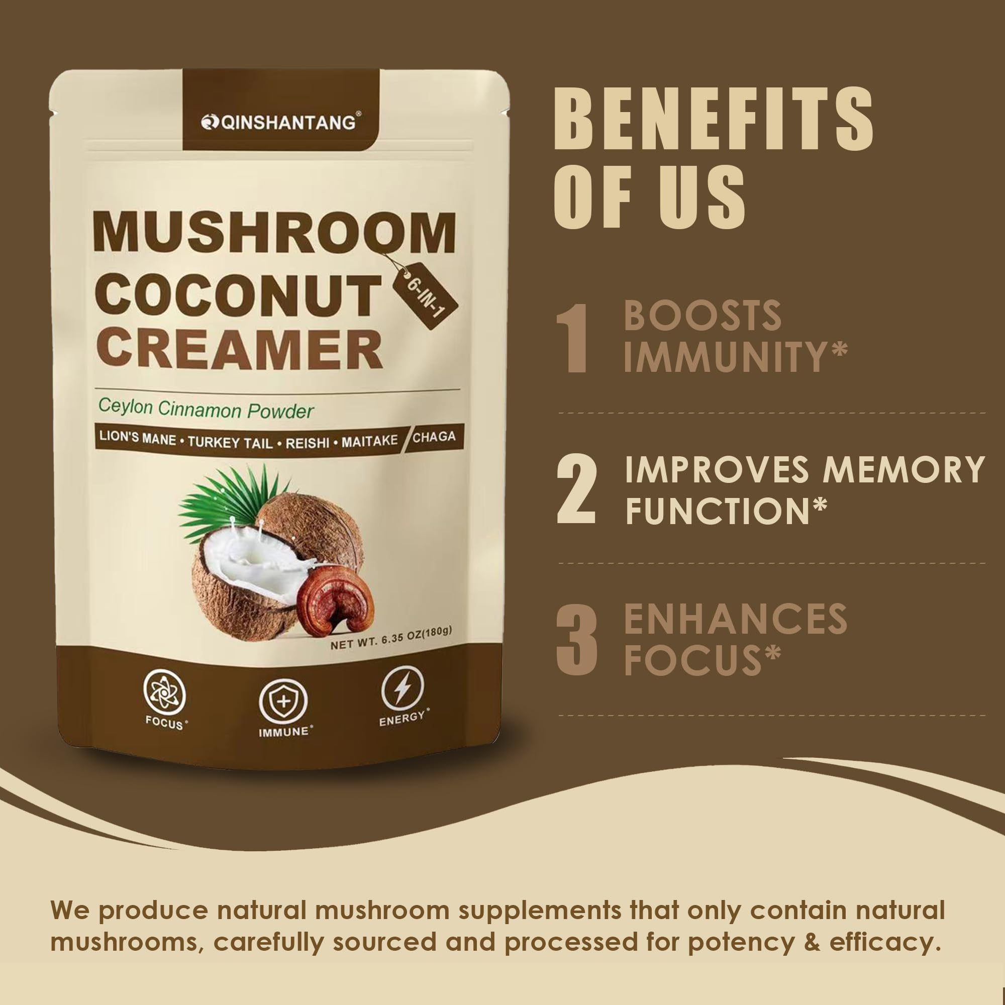 Ingredient view shows coconut powder and cinnamon for natural taste