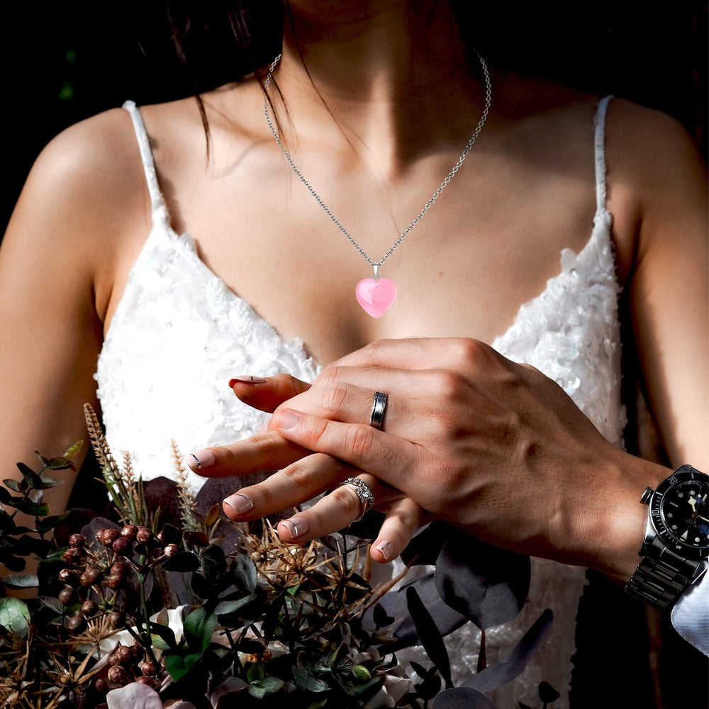 QINJIEJIE Rose Quartz Heart necklace worn, everyday wellness and mindful style.