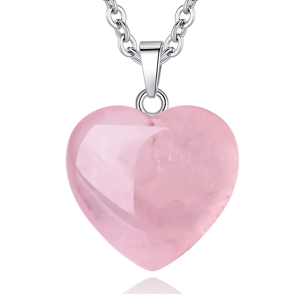 QINJIEJIE Rose Quartz Heart pendant close-up, smooth surface ideal for meditation and balance.