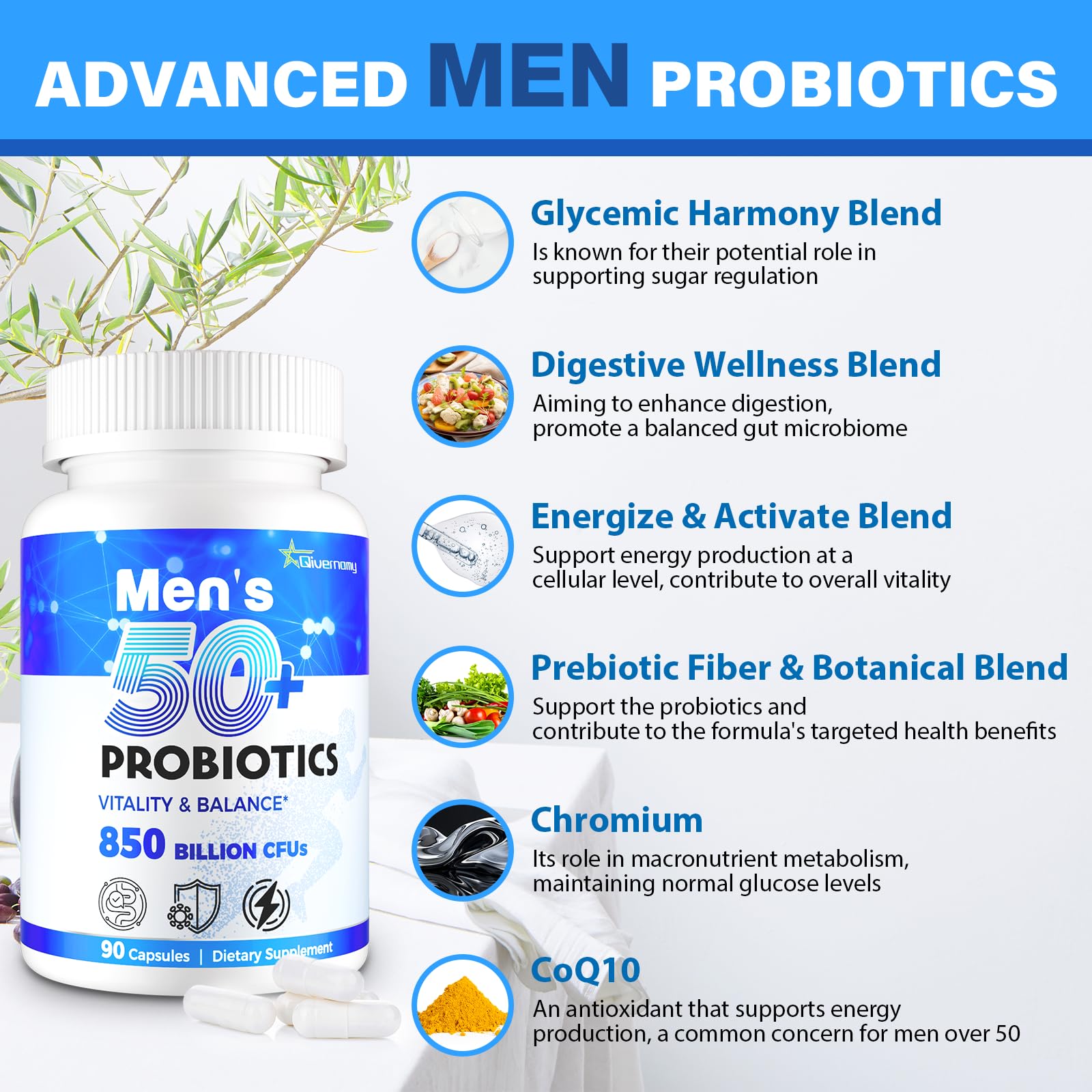 QIVERNAMY Probiotics with CoQ10 and prebiotics for balanced wellness