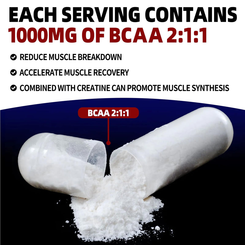 Qmiozzy BCAA detail shows 2:1:1 ratio for faster post-workout recovery.
