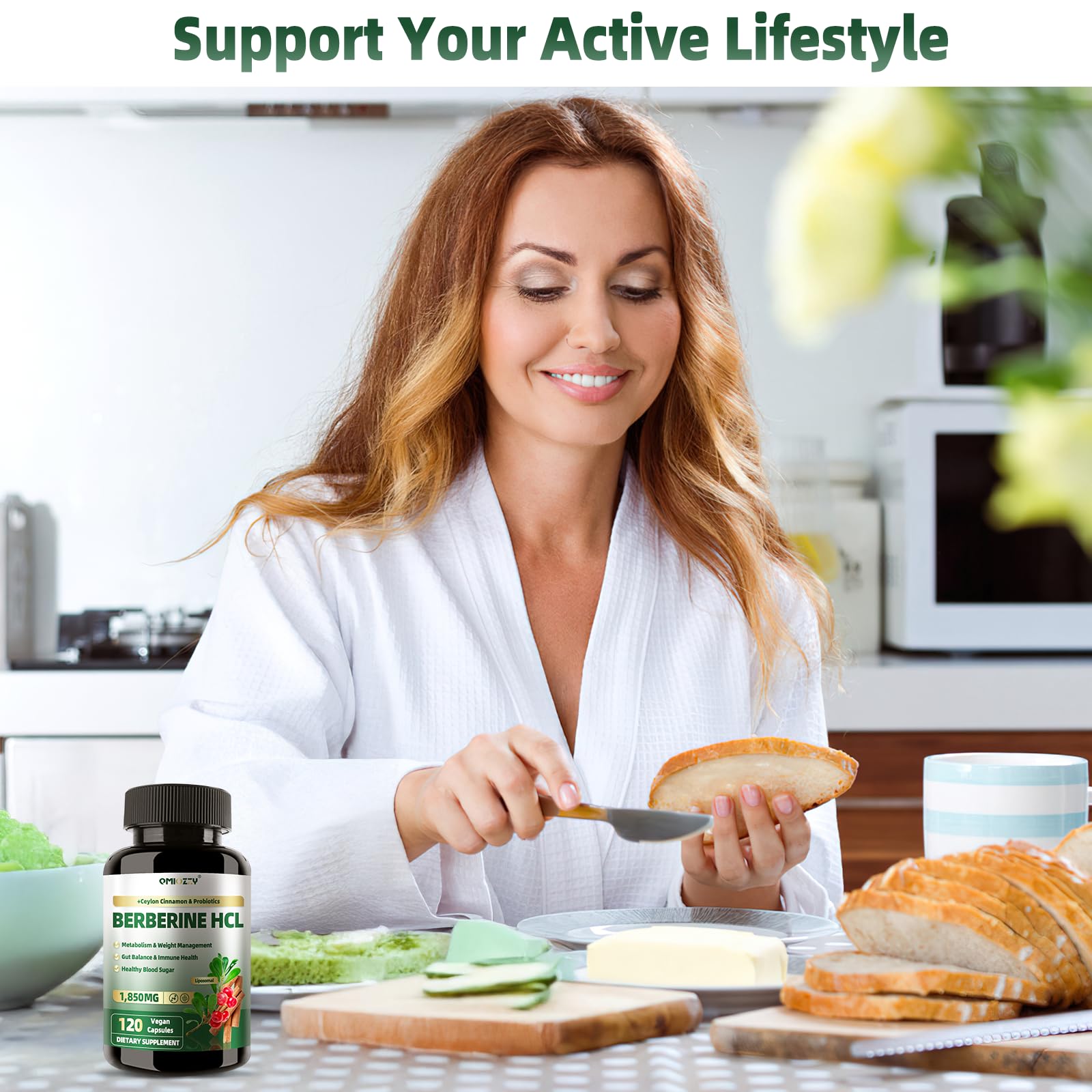 Qmiozzy berberine supplement packaging shows 60 servings for extended use