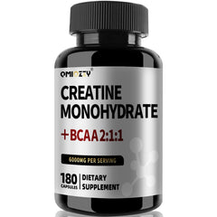 Qmiozzy bottle front showing creatine capsules for on-the-go energy support.