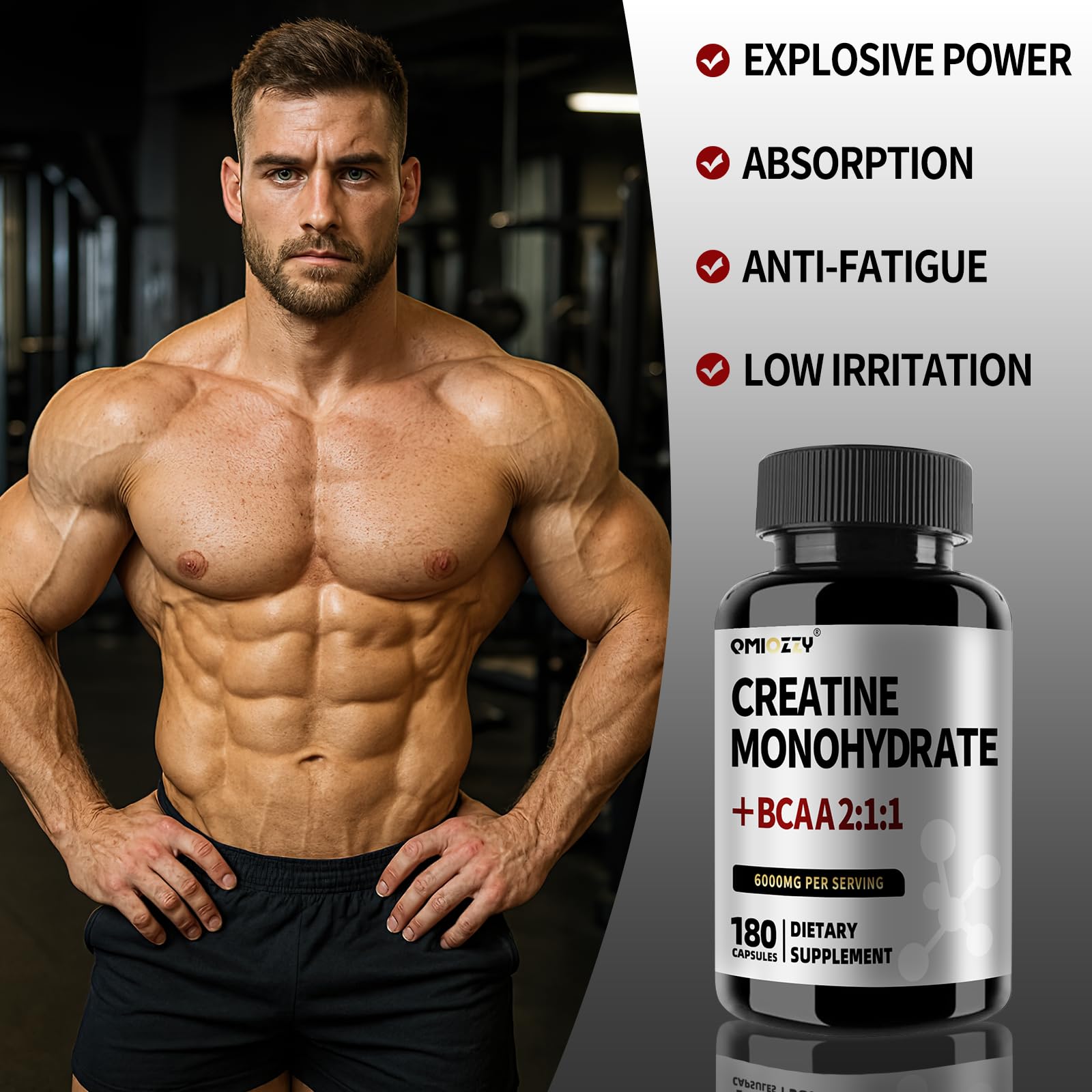 Qmiozzy capsules closeup in hand for easy daily training supplementation.