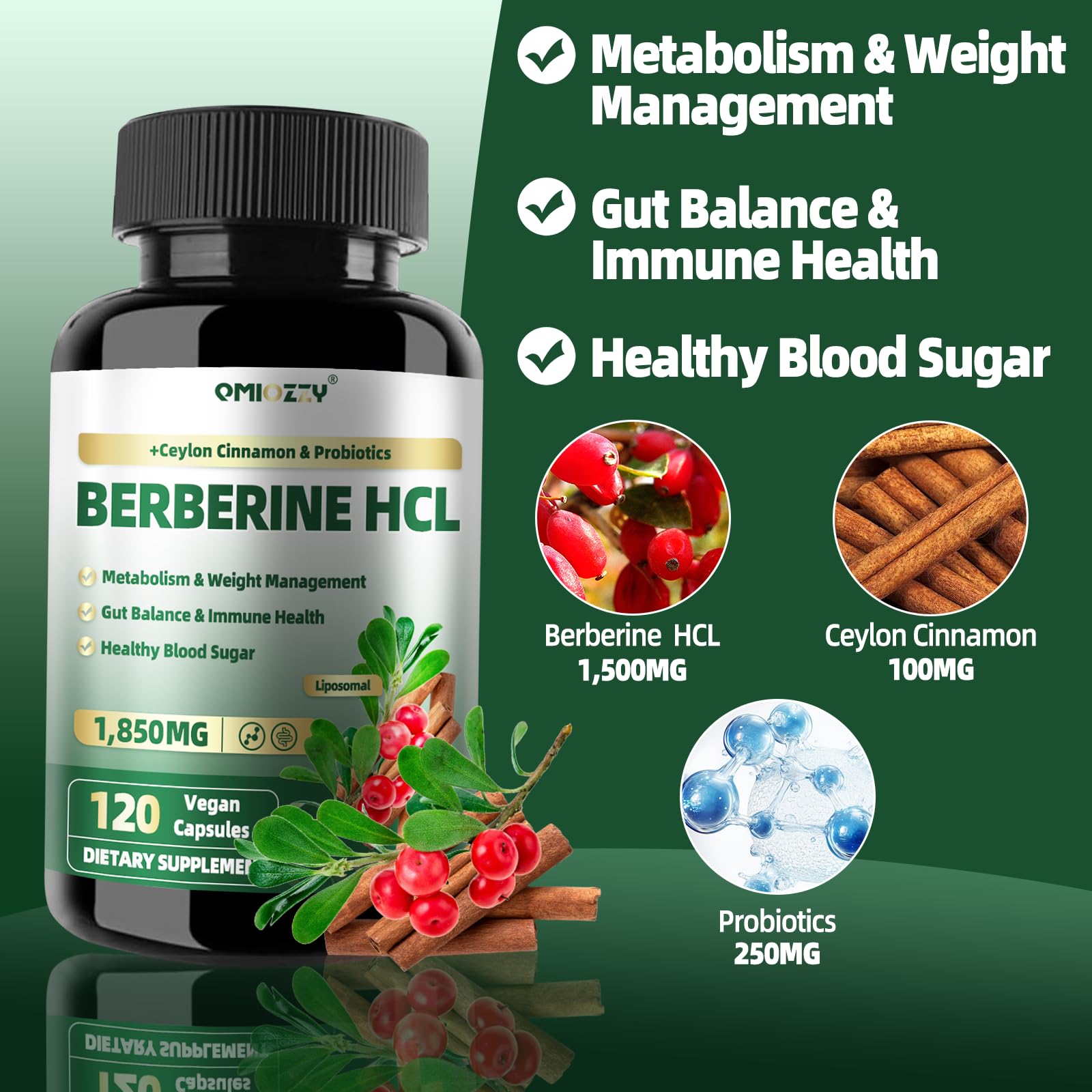 Qmiozzy liposomal berberine capsules pack showcases a convenient two capsule daily serving
