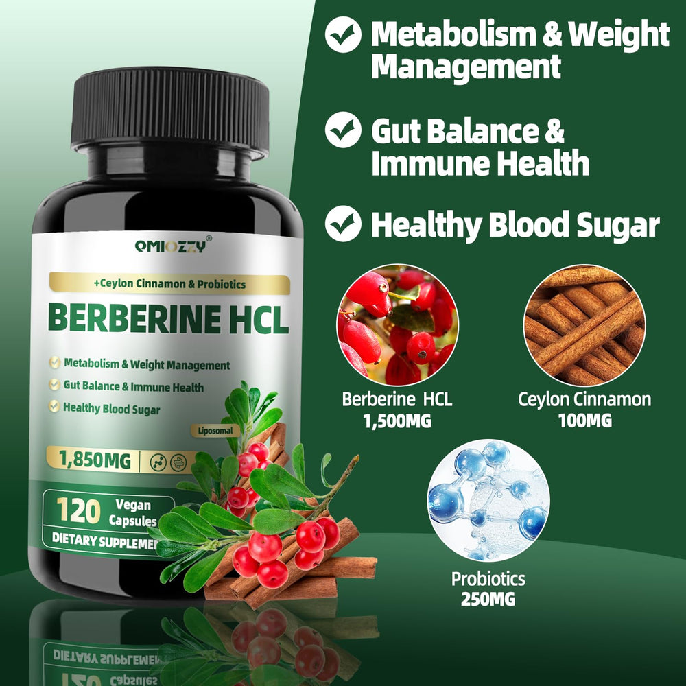 Qmiozzy liposomal berberine capsules pack showcases a convenient two capsule daily serving