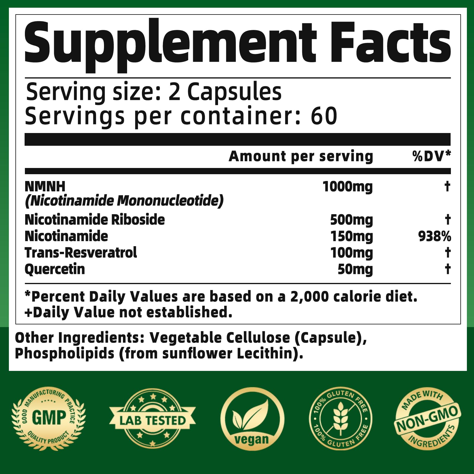 Qmiozzy NMNH ingredients list showing NR, NMNH, resveratrol, and quercetin.