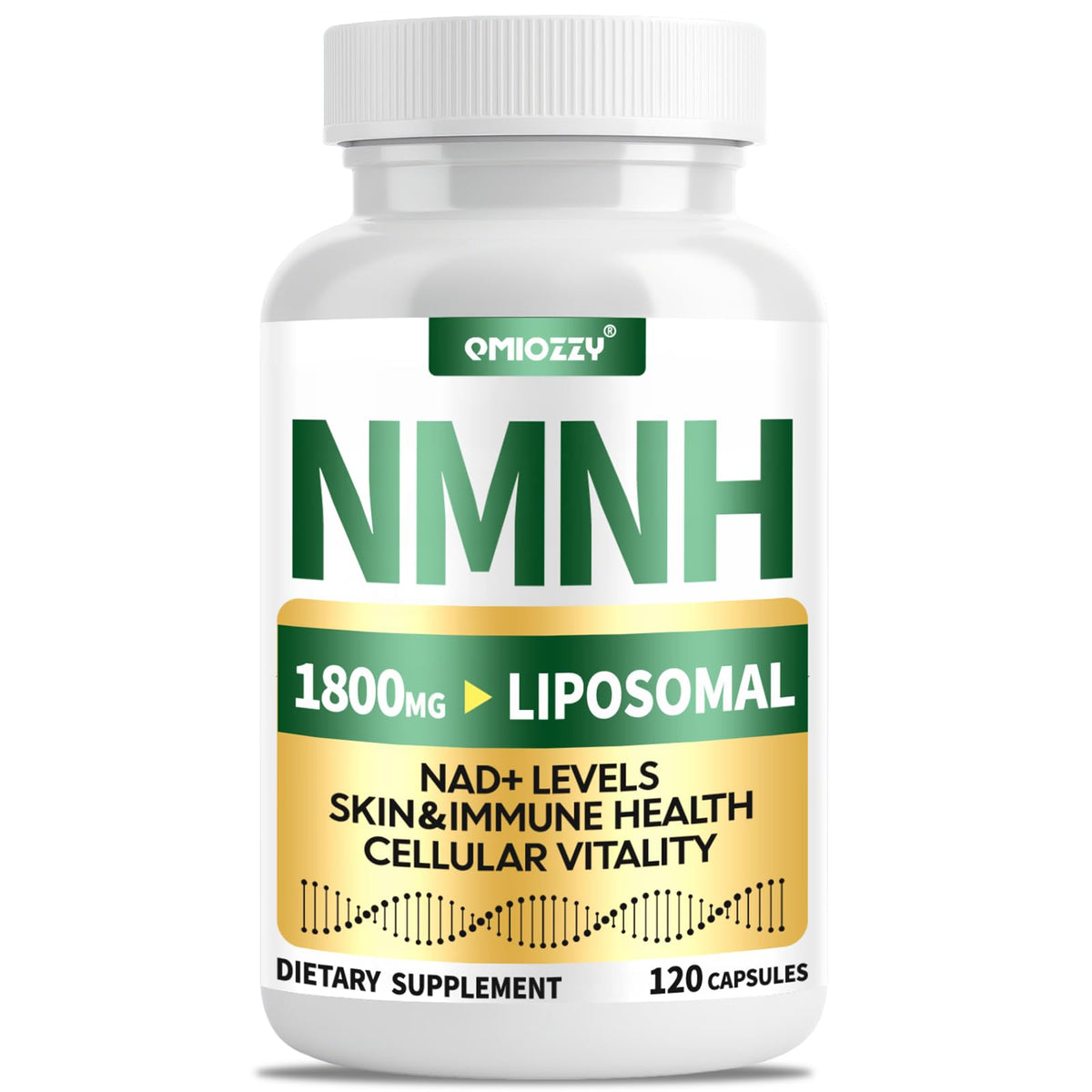 Qmiozzy NMNH supplement bottle showcasing NAD+ support for daily energy.