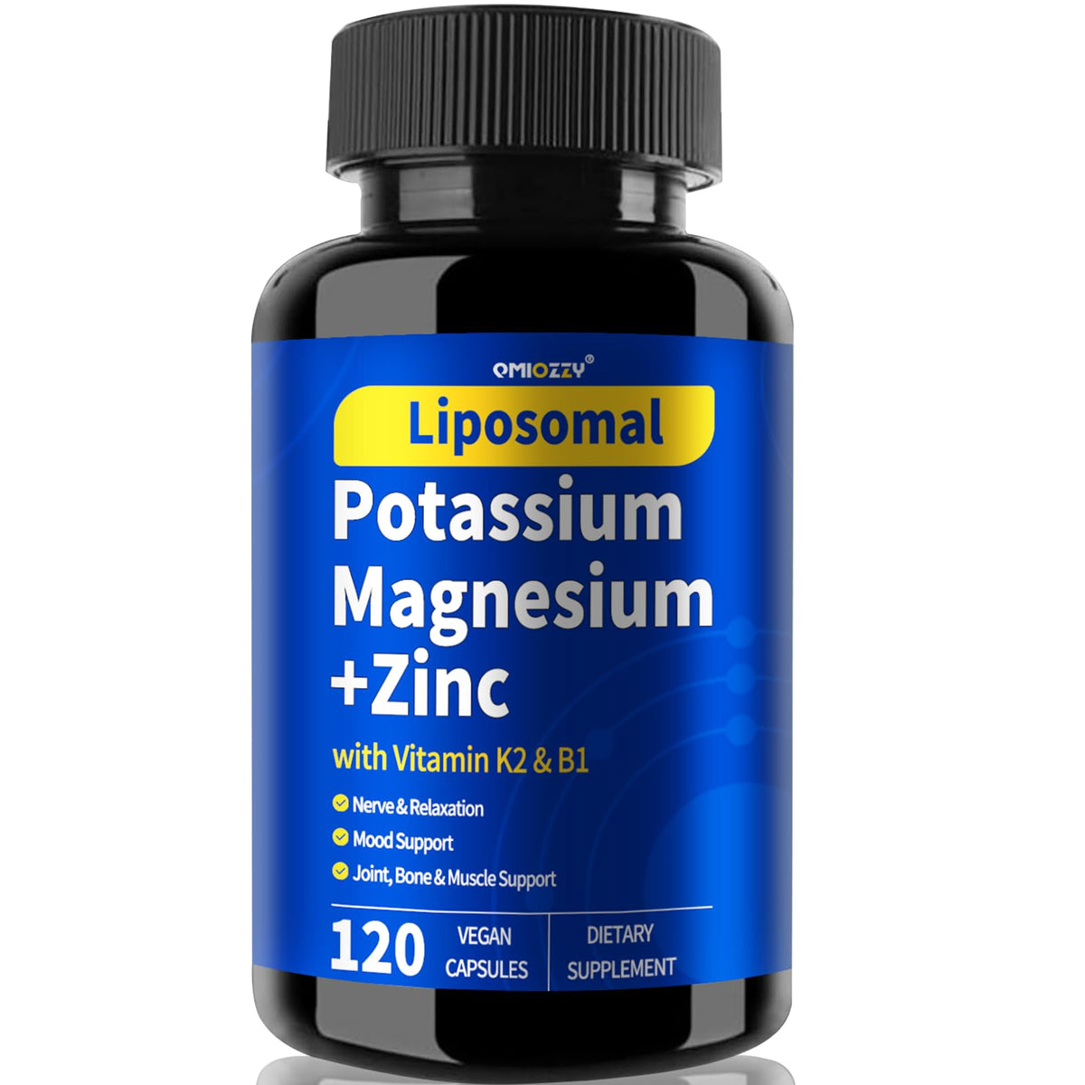 Qmiozzy potassium magnesium supplement bottle illustrating vascular support through liposomal absorption.